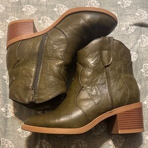 Olive Green Leather Ankle Boots
